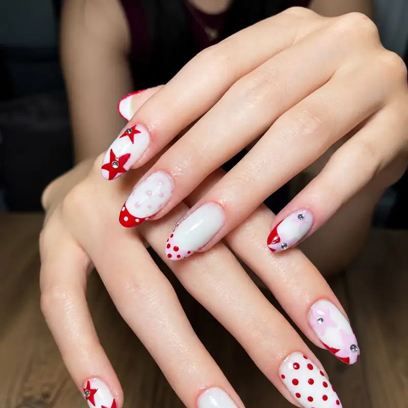 Nail art - kırmızı yıldız ve puantiye desenli sanatsal tasarım