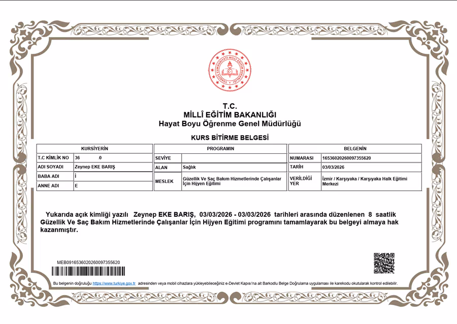T.C. Millî Eğitim Bakanlığı Güzellik ve Saç Bakım Hizmetlerinde Çalışanlar İçin Hijyen Eğitimi kurs bitirme belgesi